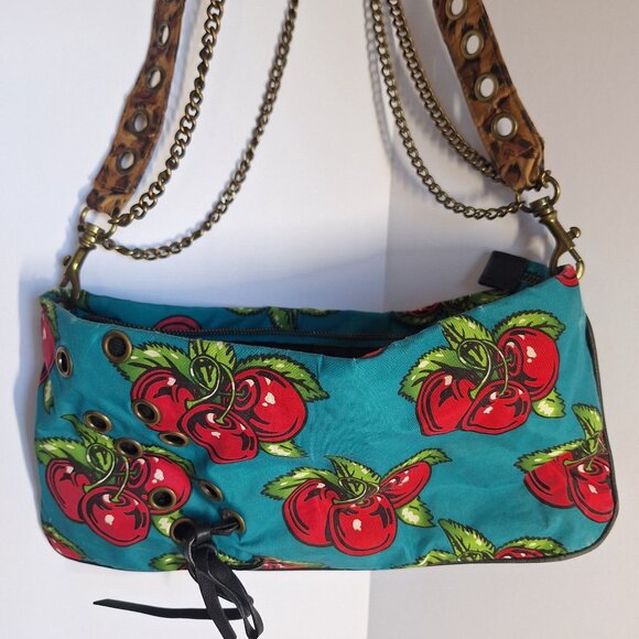 Betseyville Betsey Johnson Cherry HandBag Purse Chain & Leather Strap Turquoise - Picture 7 of 9